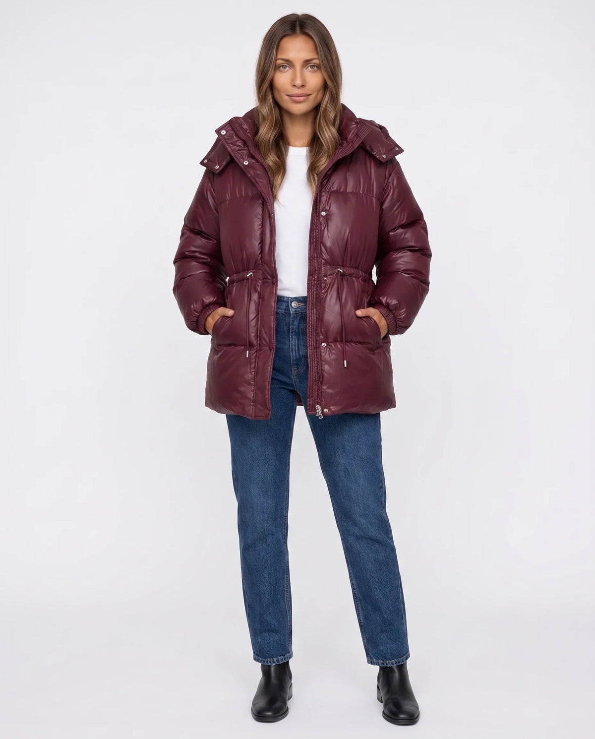 Shiny Puffer Jacket with Drawcord Waist