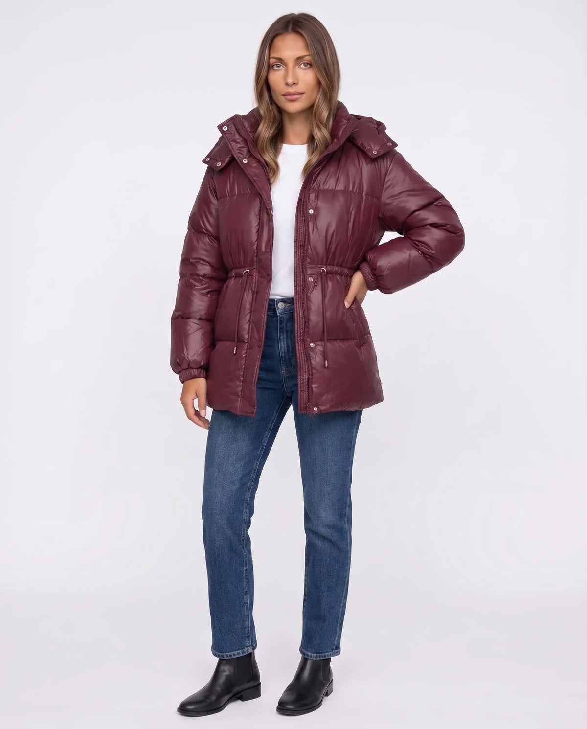 Shiny Puffer Jacket with Drawcord Waist