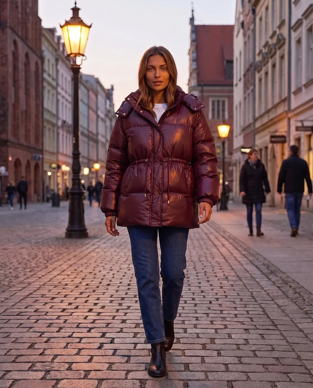 Shiny Puffer Jacket with Drawcord Waist
