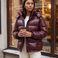 Short Shiny Hooded Puffer Jacket with Puffy Channels