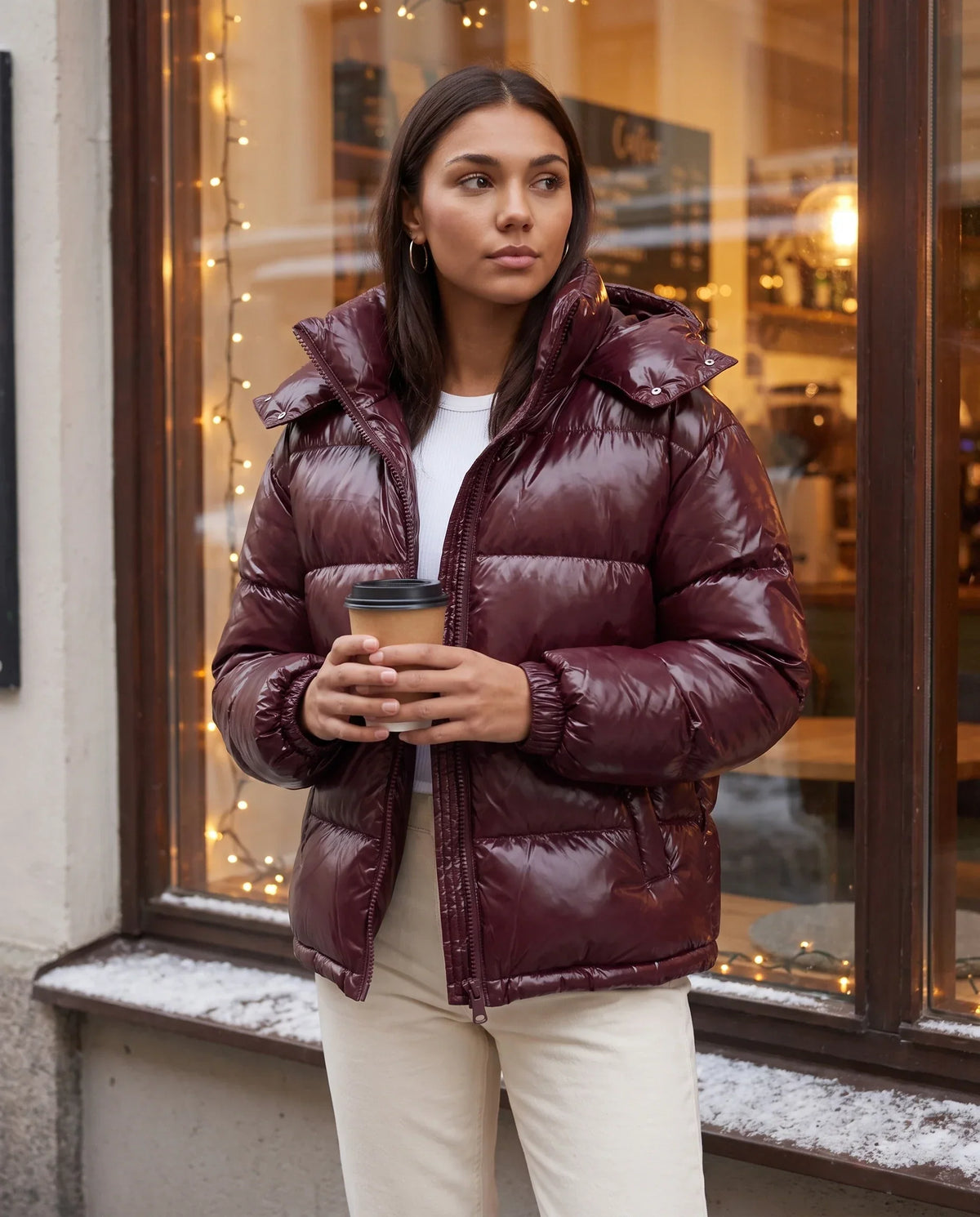 Short Shiny Hooded Puffer Jacket with Puffy Channels