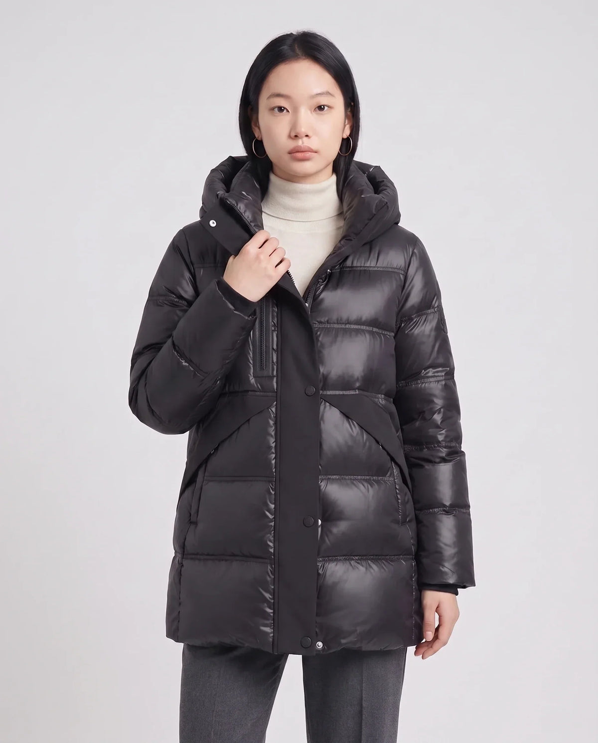 Shiny Hooded Puffer Jacket with Popper Placket