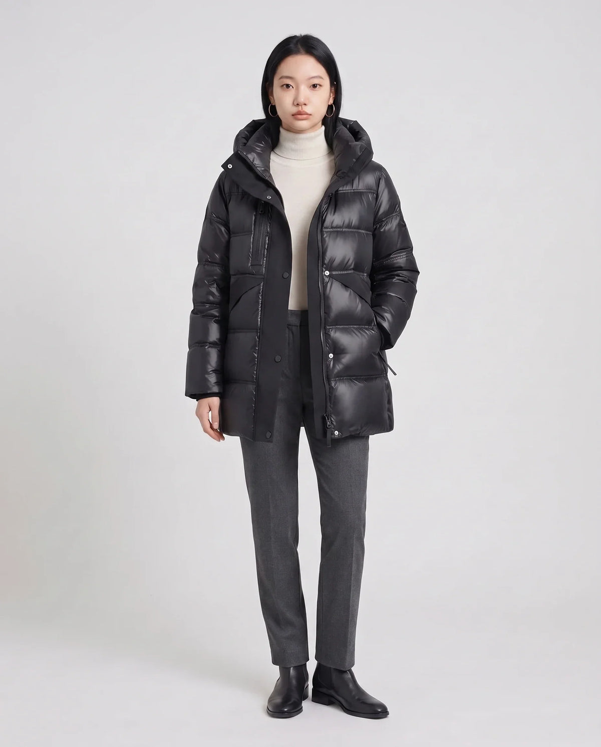 Shiny Hooded Puffer Jacket with Popper Placket