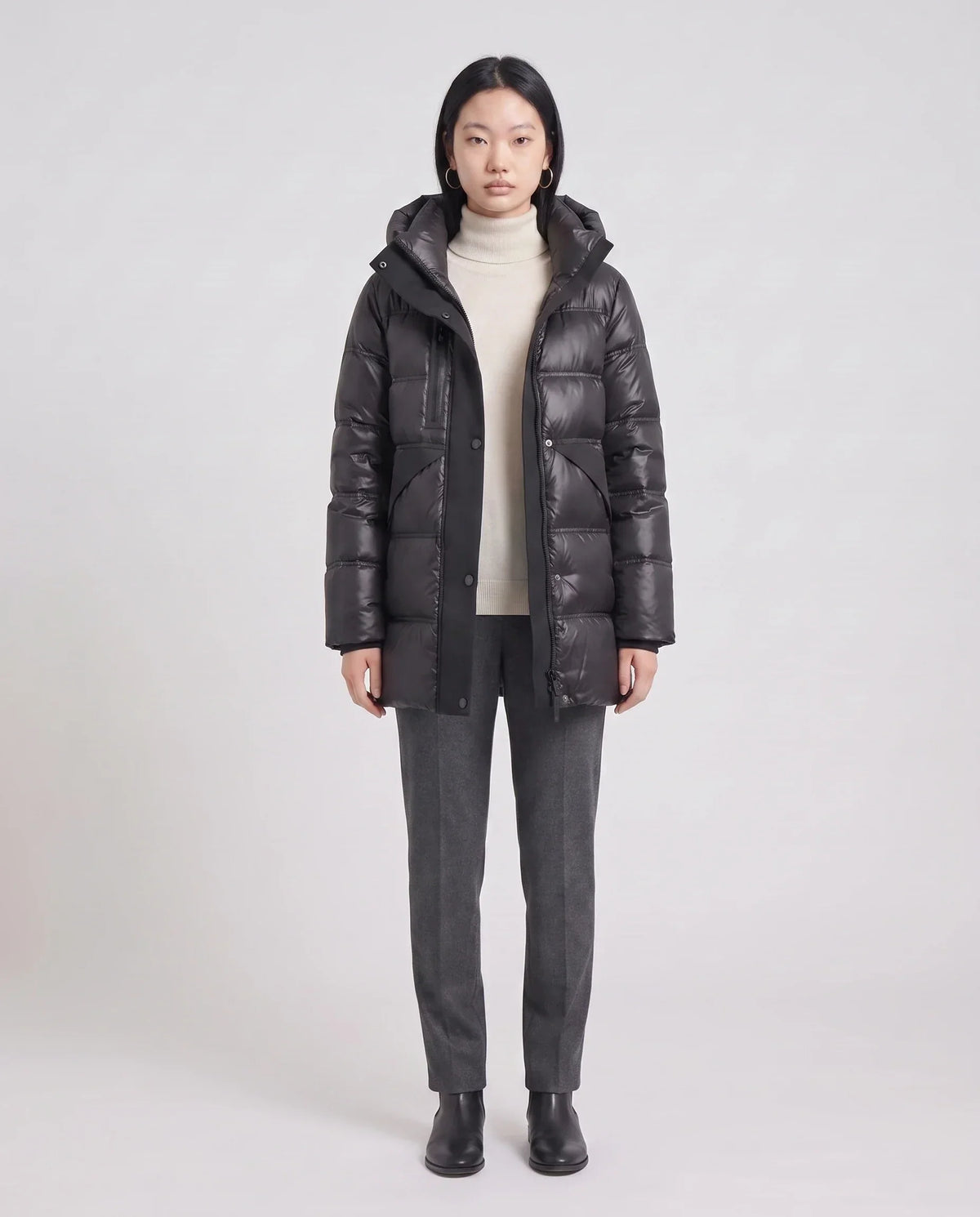 Shiny Hooded Puffer Jacket with Popper Placket
