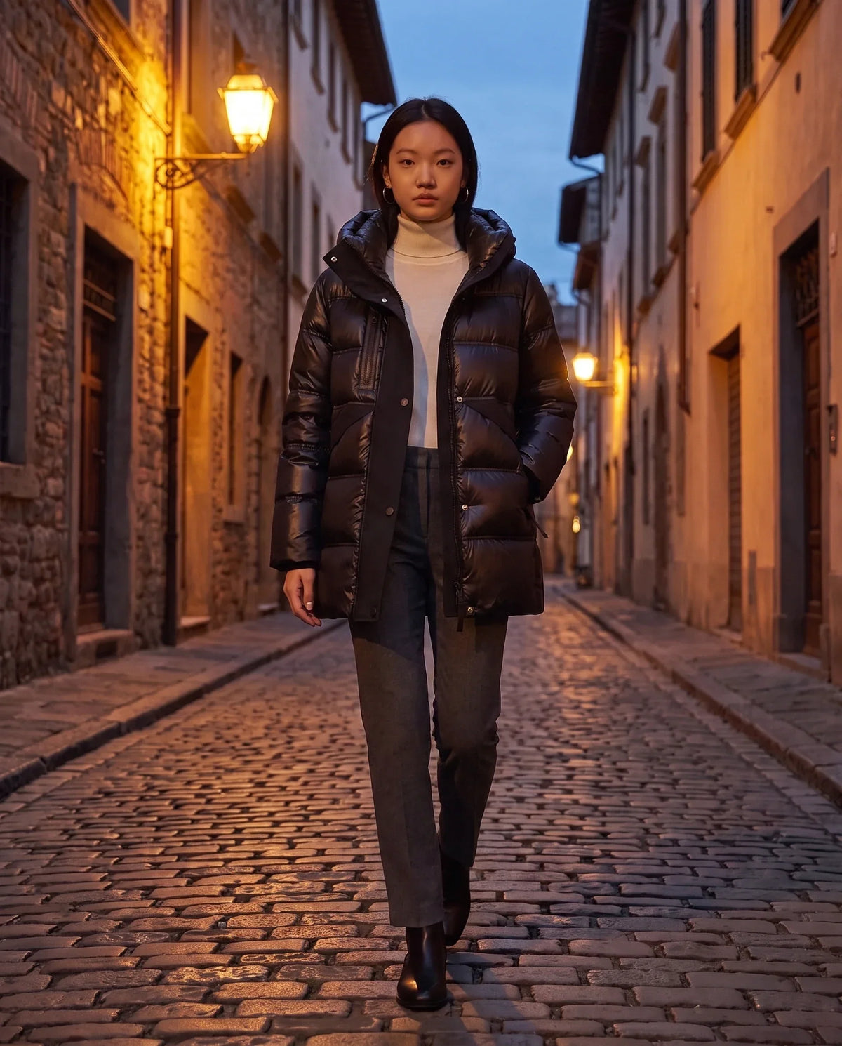 Shiny Hooded Puffer Jacket with Popper Placket