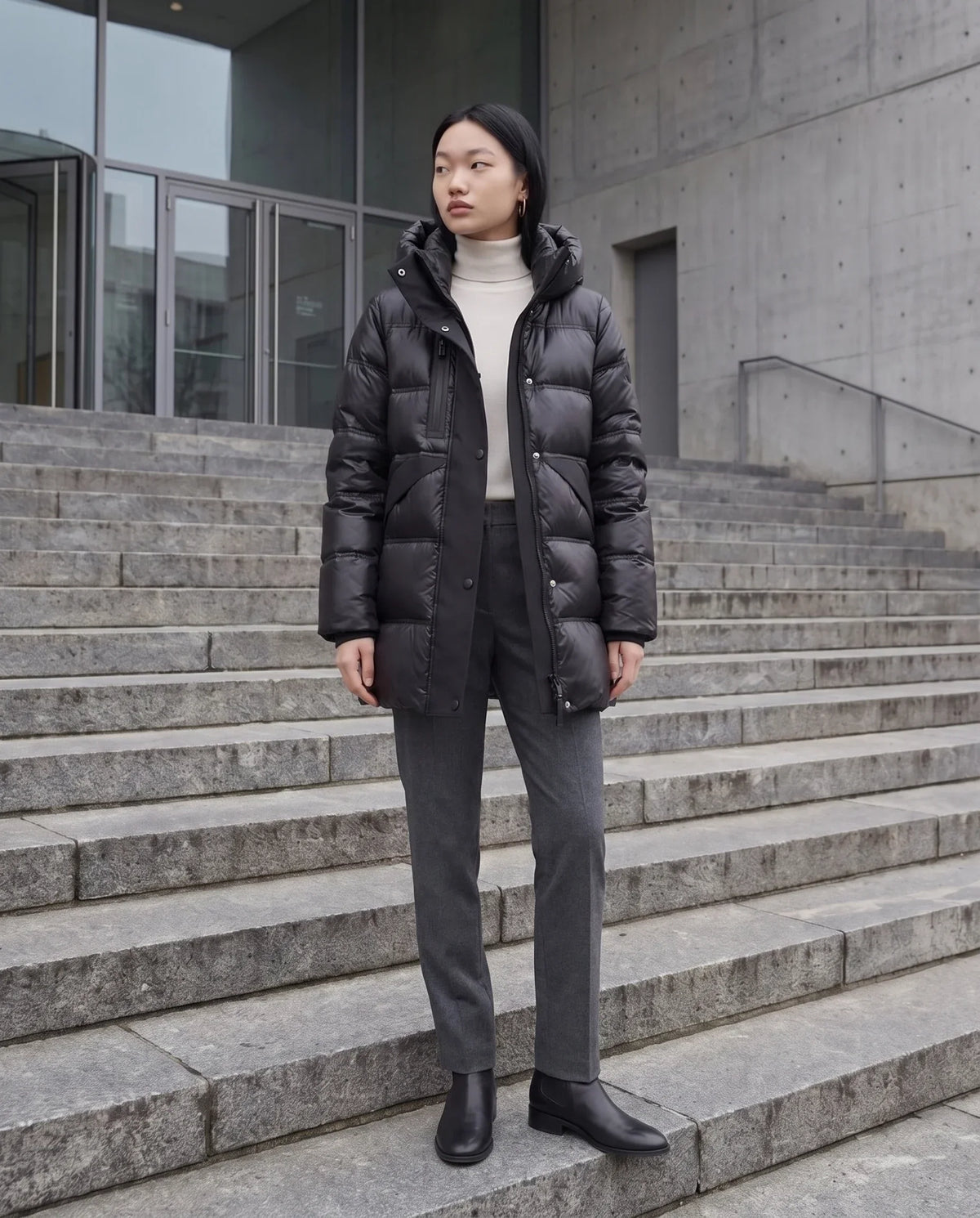 Shiny Hooded Puffer Jacket with Popper Placket