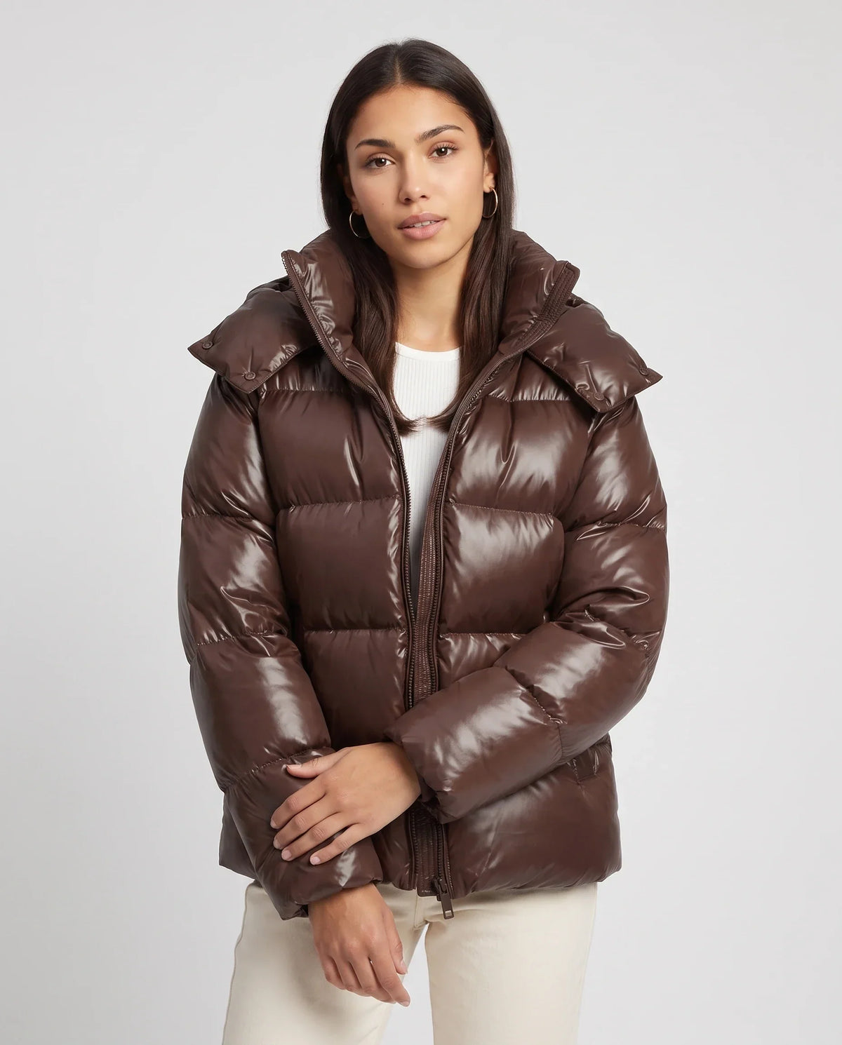 Short Shiny Hooded Puffer Jacket with Puffy Channels