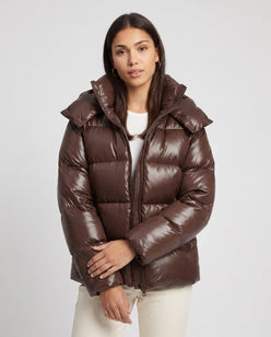 Short Shiny Hooded Puffer Jacket with Puffy Channels