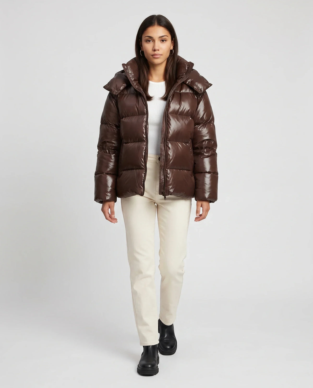 Short Shiny Hooded Puffer Jacket with Puffy Channels