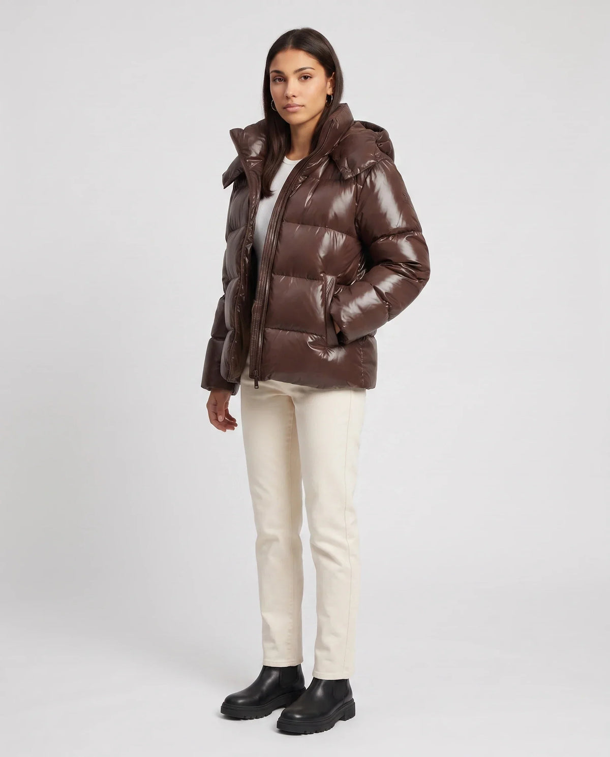 Short Shiny Hooded Puffer Jacket with Puffy Channels