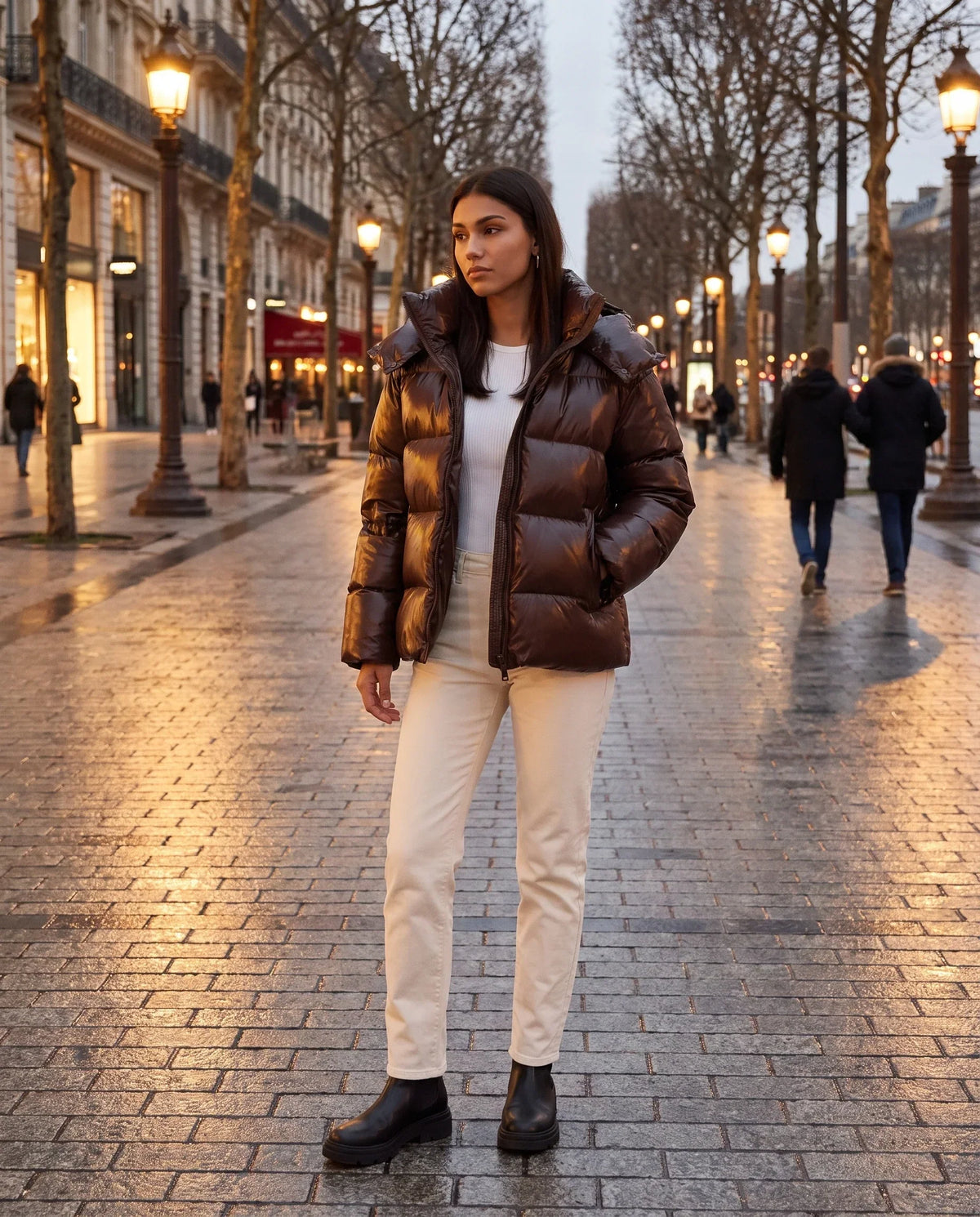 Short Shiny Hooded Puffer Jacket with Puffy Channels