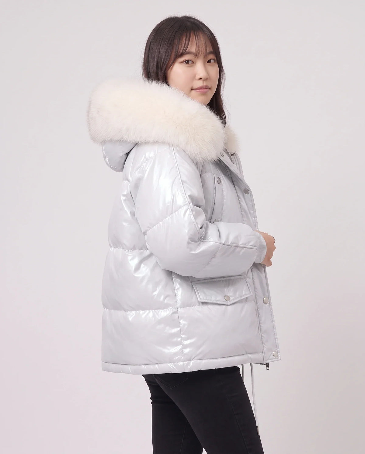Short Shiny Puffer Jacket with Faux Fur Collar