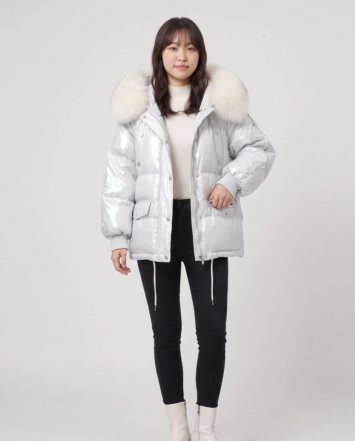Short Shiny Puffer Jacket with Faux Fur Collar