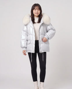 Short Shiny Puffer Jacket with Faux Fur Collar