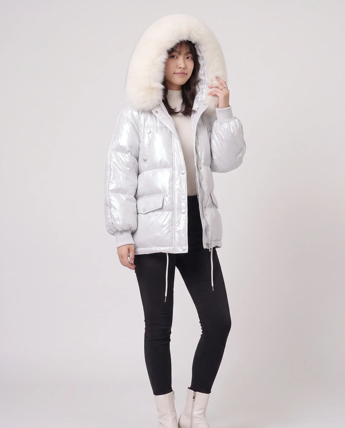 Short Shiny Puffer Jacket with Faux Fur Collar