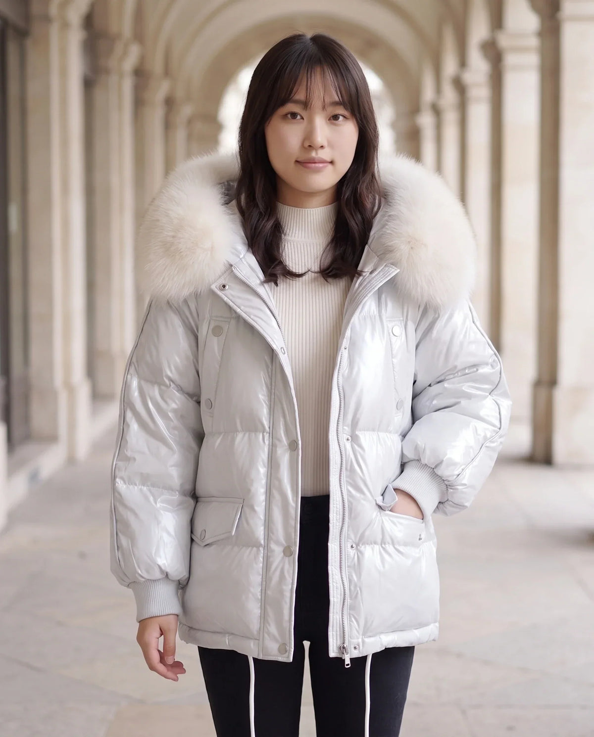 Short Shiny Puffer Jacket with Faux Fur Collar