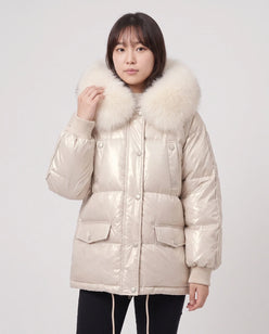 Short Shiny Puffer Jacket with Faux Fur Collar