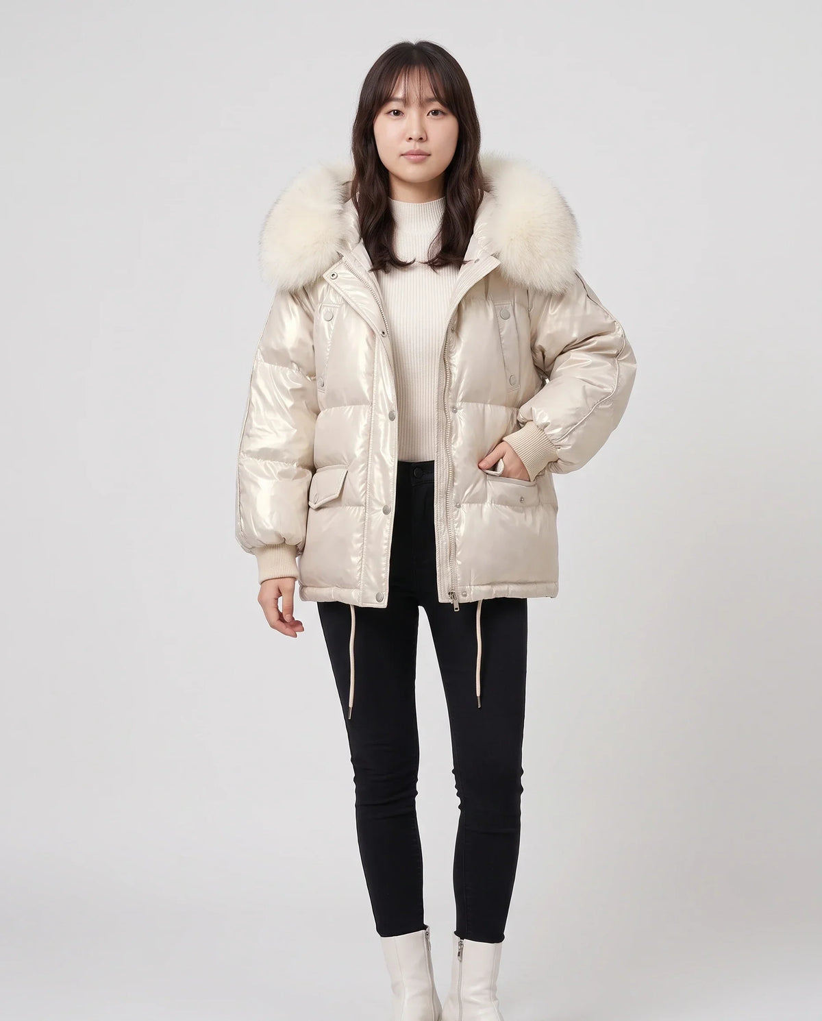Short Shiny Puffer Jacket with Faux Fur Collar
