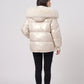 Short Shiny Puffer Jacket with Faux Fur Collar