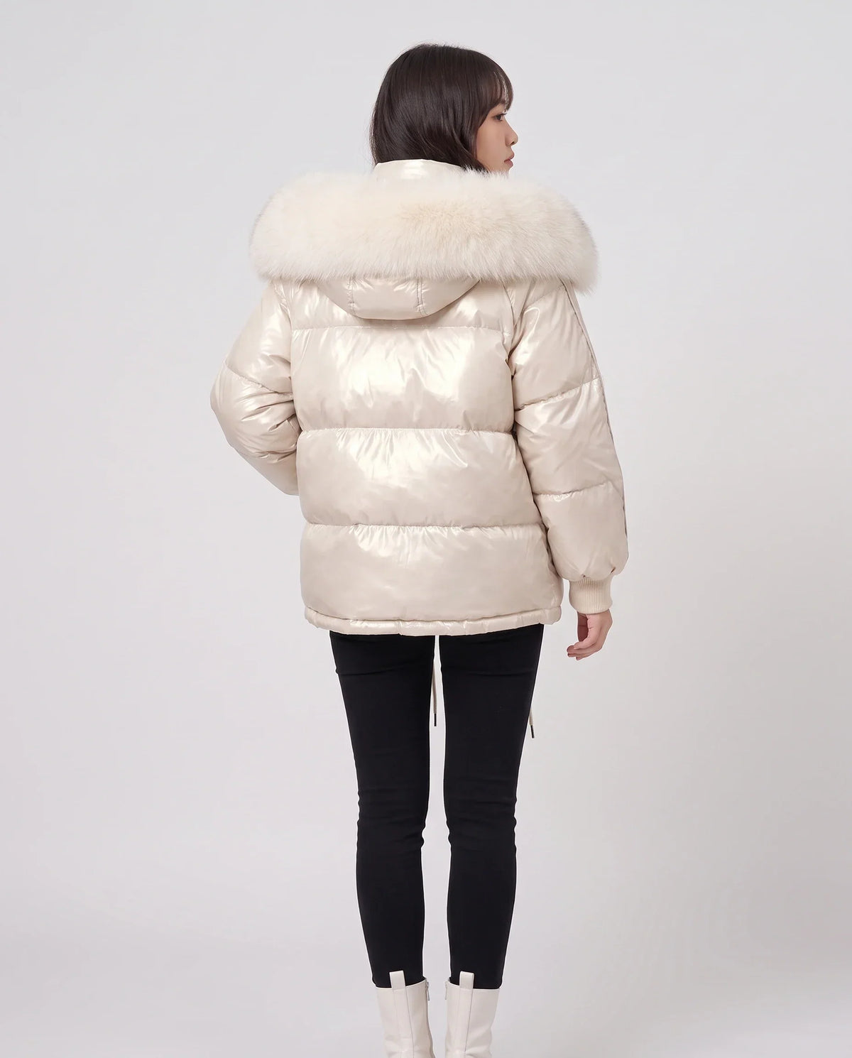 Short Shiny Puffer Jacket with Faux Fur Collar
