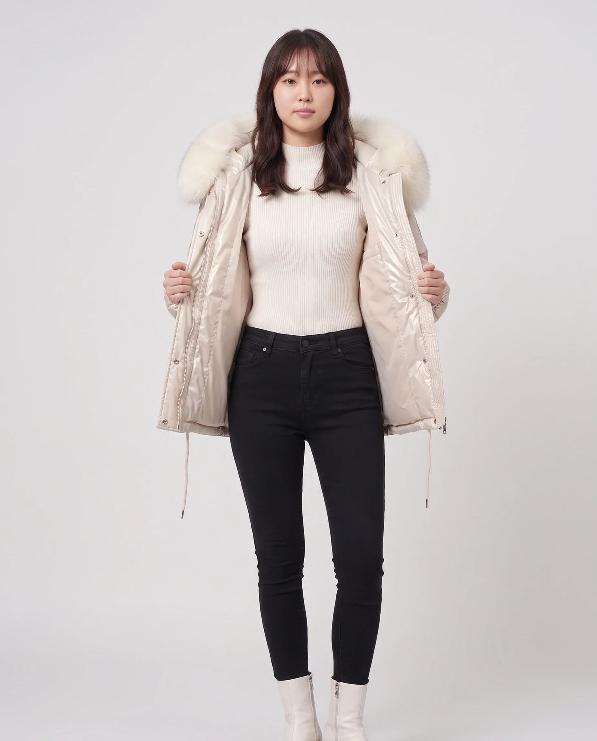 Short Shiny Puffer Jacket with Faux Fur Collar