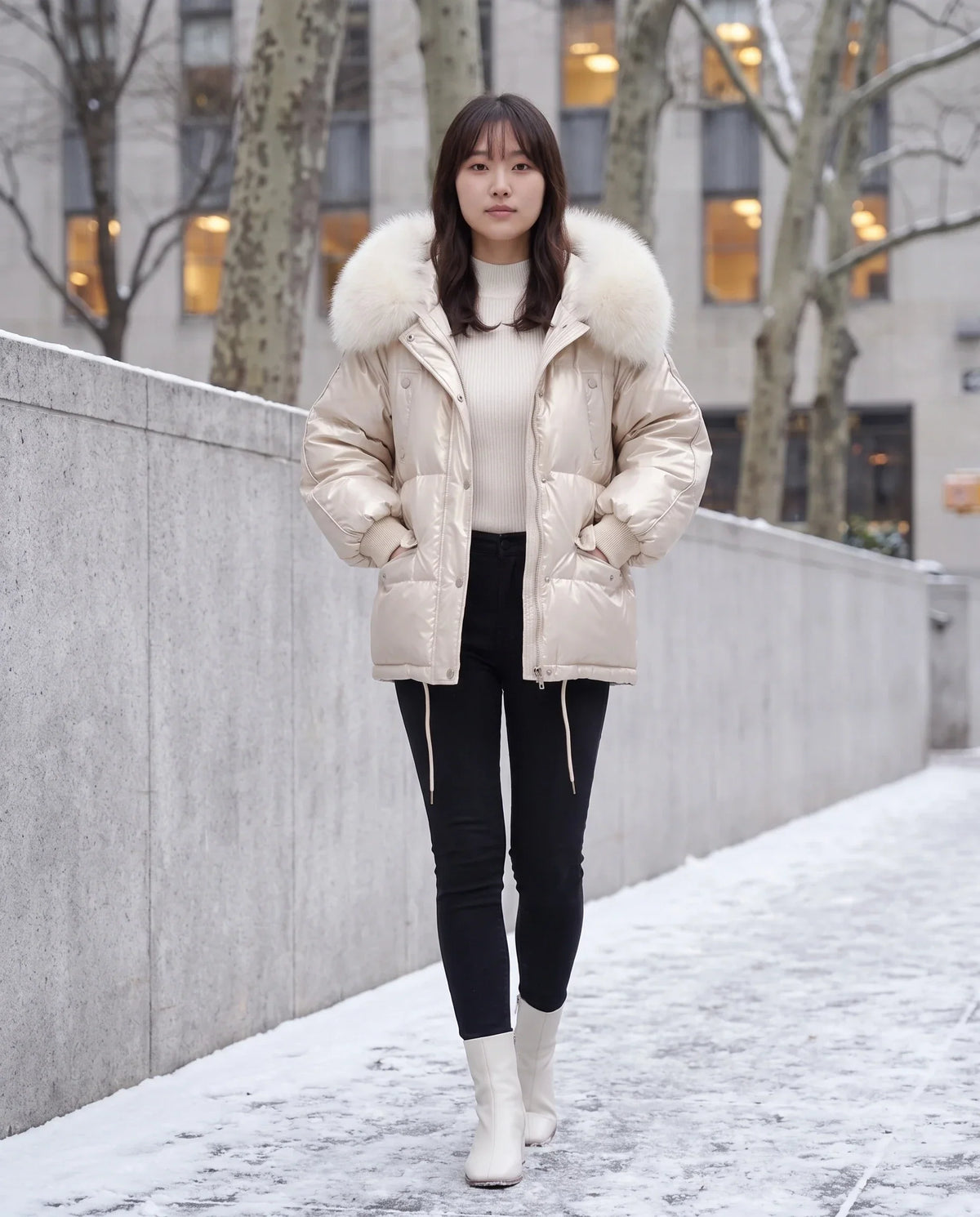 Short Shiny Puffer Jacket with Faux Fur Collar