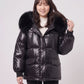 Short Shiny Puffer Jacket with Faux Fur Collar