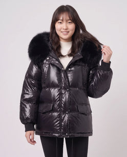 Short Shiny Puffer Jacket with Faux Fur Collar