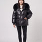 Short Shiny Puffer Jacket with Faux Fur Collar