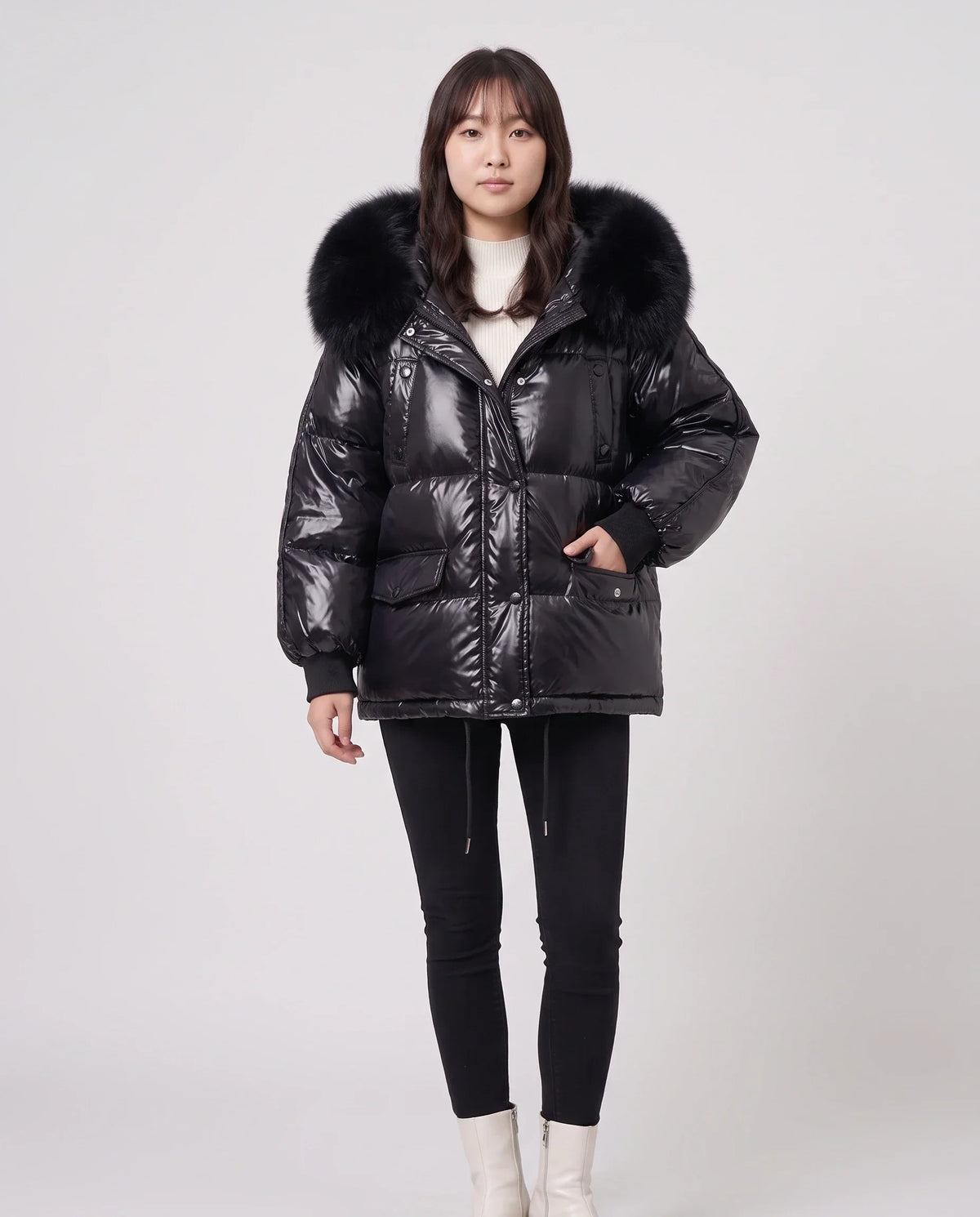 Short Shiny Puffer Jacket with Faux Fur Collar