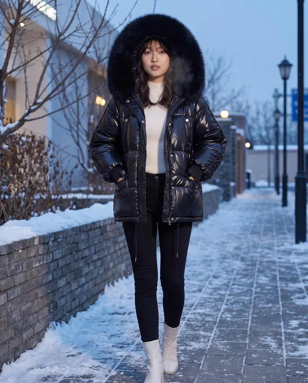 Short Shiny Puffer Jacket with Faux Fur Collar
