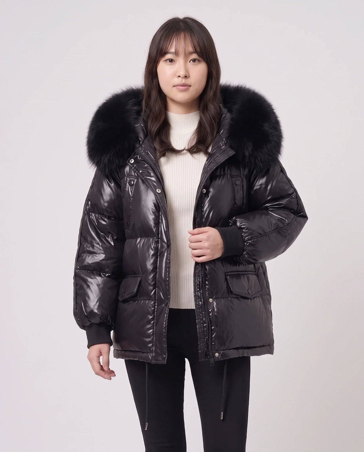 Short Shiny Puffer Jacket with Faux Fur Collar