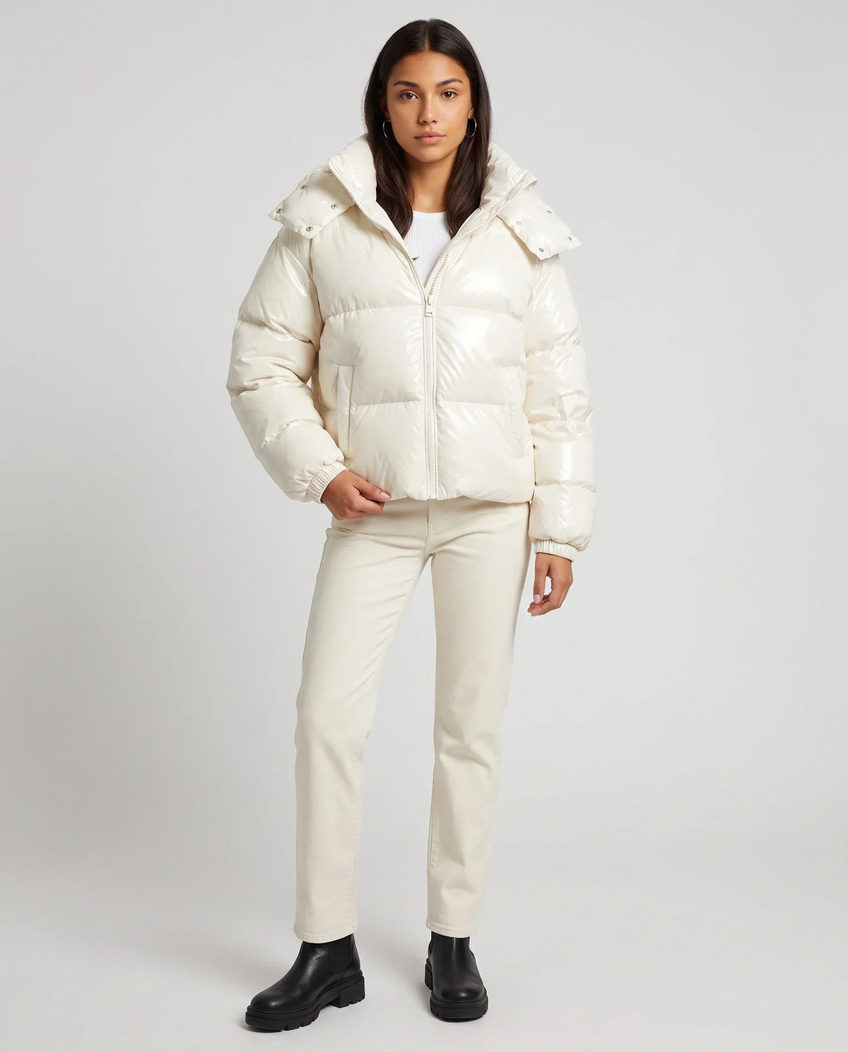 Short Shiny Hooded Puffer Jacket with Puffy Channels