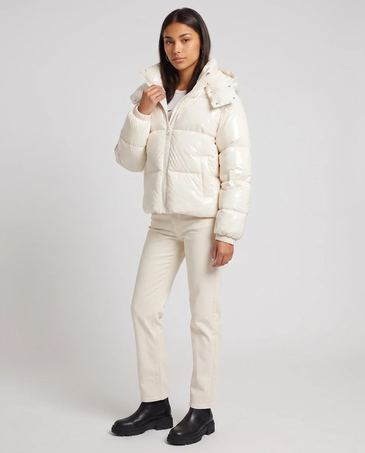 Short Shiny Hooded Puffer Jacket with Puffy Channels