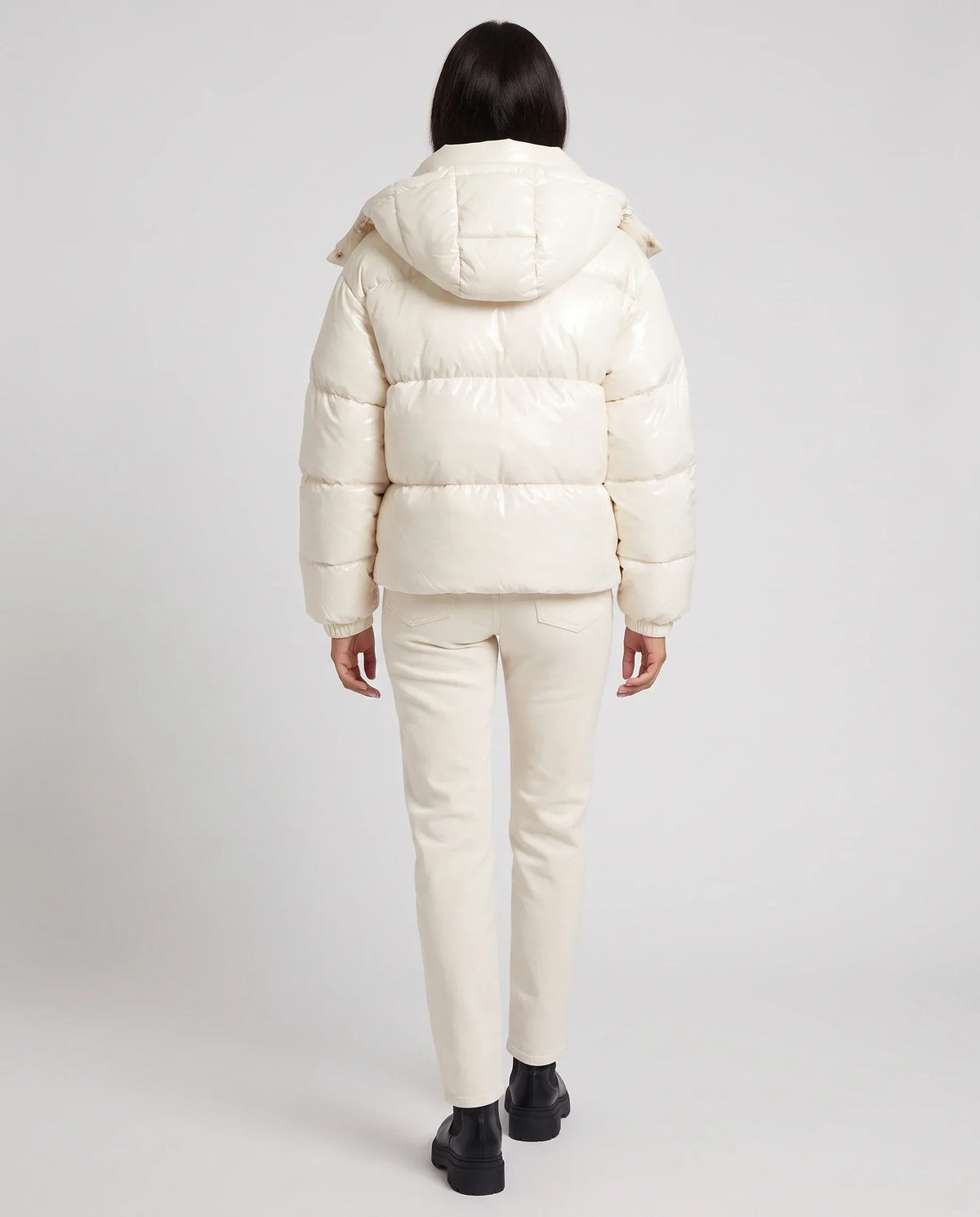 Short Shiny Hooded Puffer Jacket with Puffy Channels