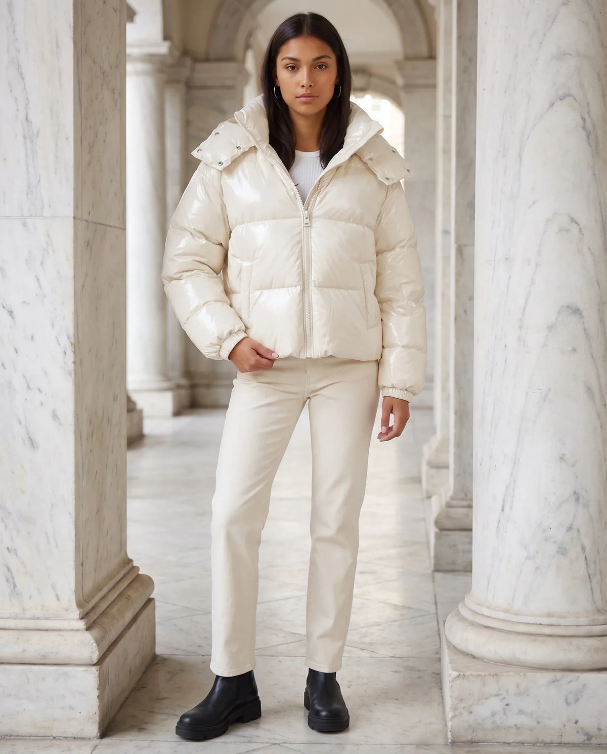Short Shiny Hooded Puffer Jacket with Puffy Channels