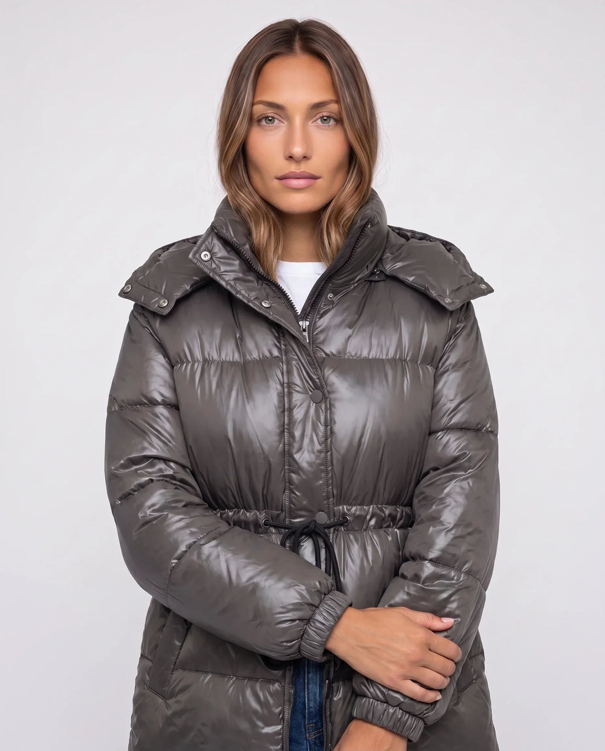 Shiny Puffer Jacket with Drawcord Waist