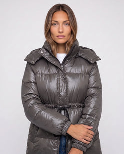 Shiny Puffer Jacket with Drawcord Waist