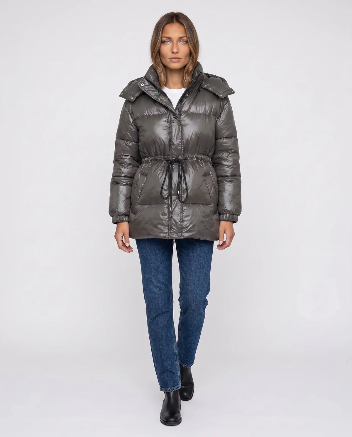 Shiny Puffer Jacket with Drawcord Waist