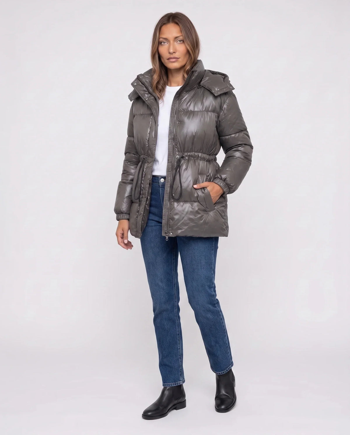 Shiny Puffer Jacket with Drawcord Waist