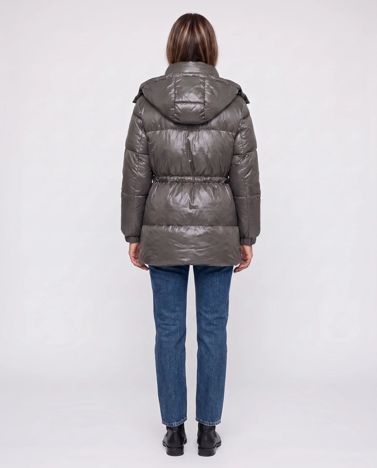 Shiny Puffer Jacket with Drawcord Waist