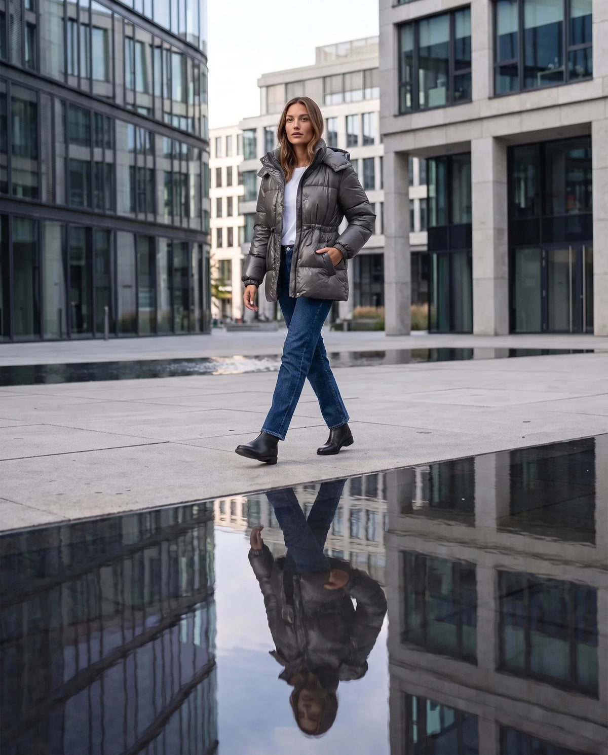Shiny Puffer Jacket with Drawcord Waist