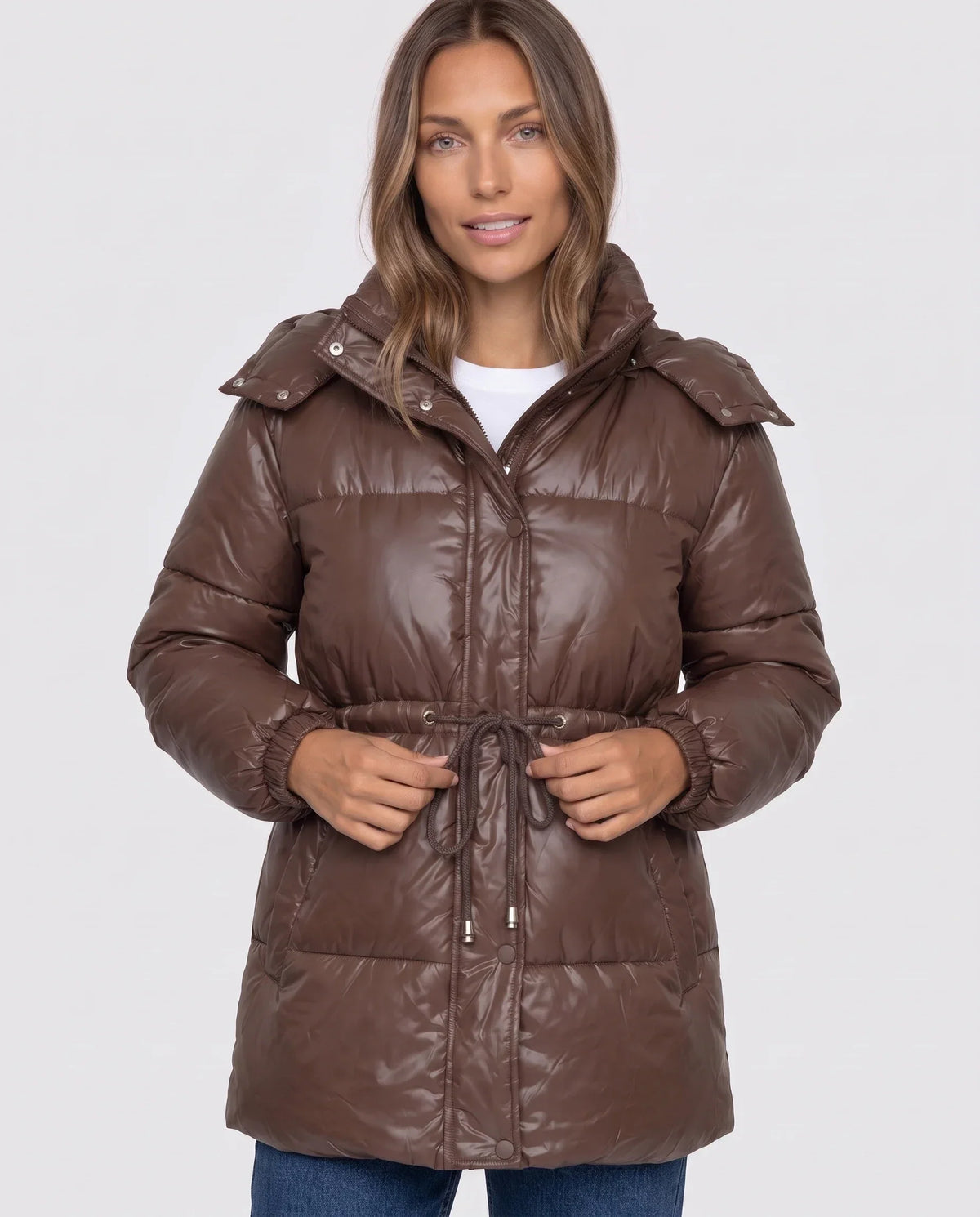 Shiny Puffer Jacket with Drawcord Waist