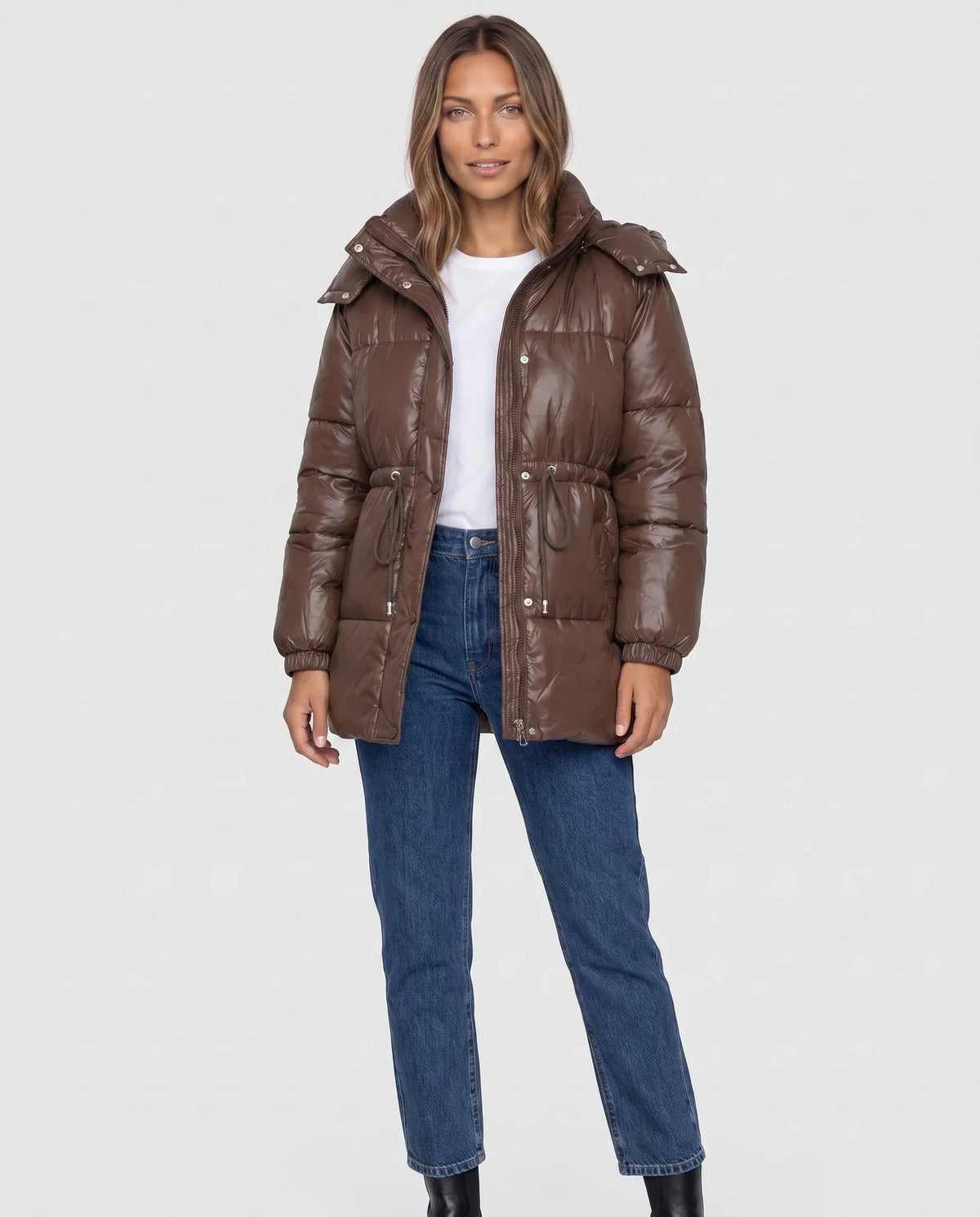 Shiny Puffer Jacket with Drawcord Waist