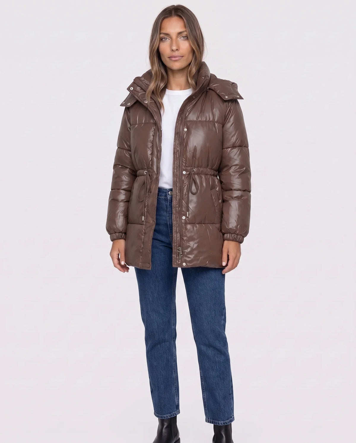 Shiny Puffer Jacket with Drawcord Waist
