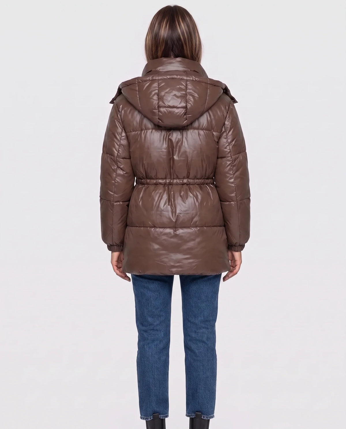 Shiny Puffer Jacket with Drawcord Waist
