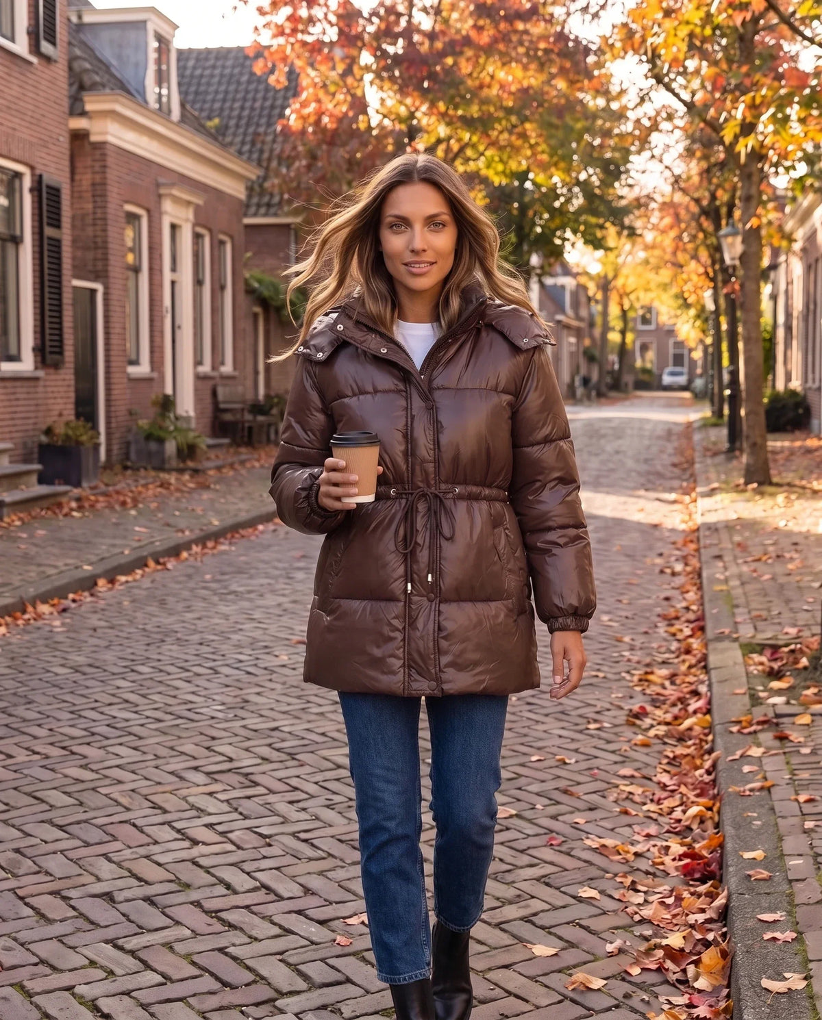 Shiny Puffer Jacket with Drawcord Waist