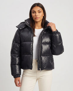 Short Shiny Hooded Puffer Jacket with Puffy Channels