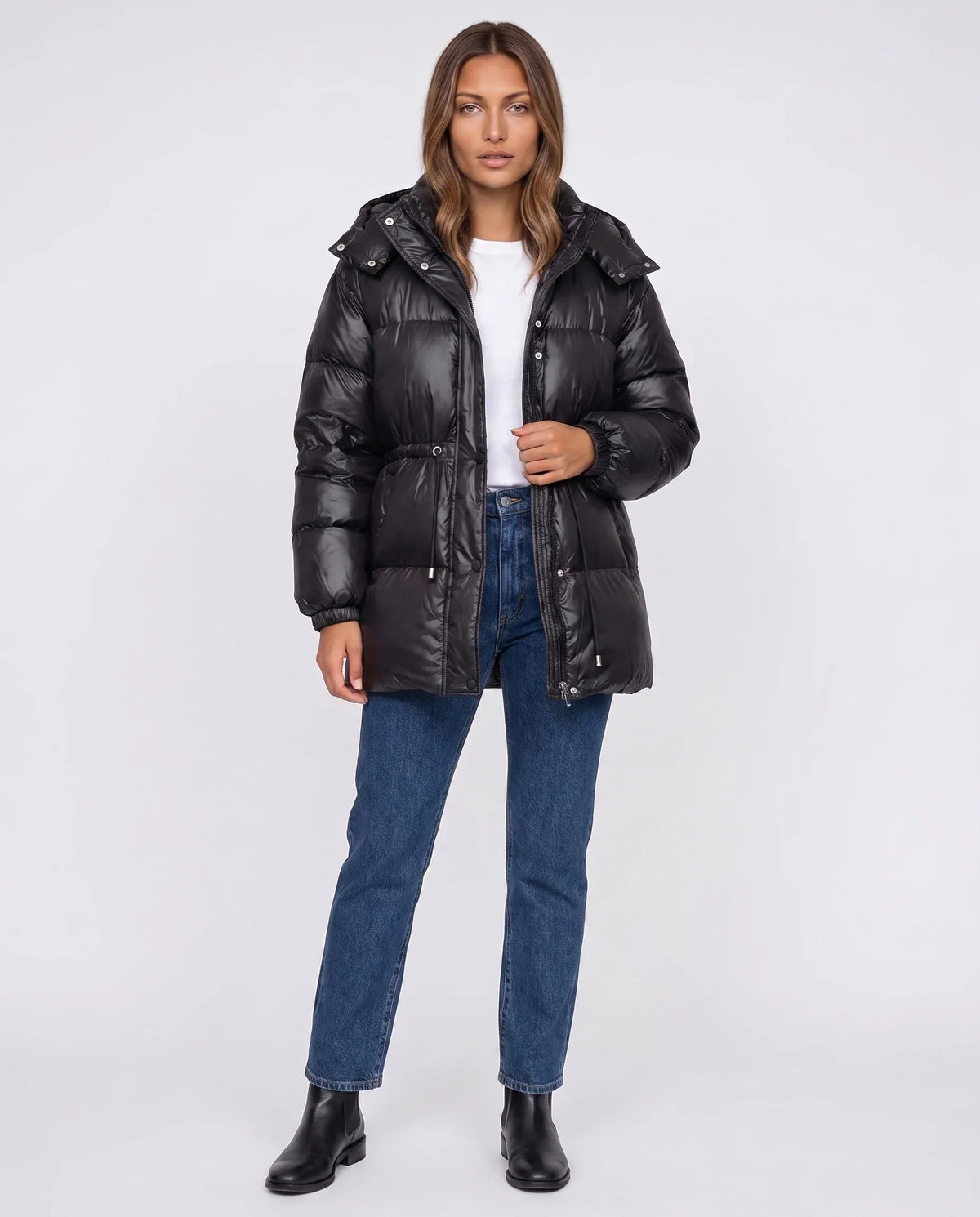 Shiny Puffer Jacket with Drawcord Waist