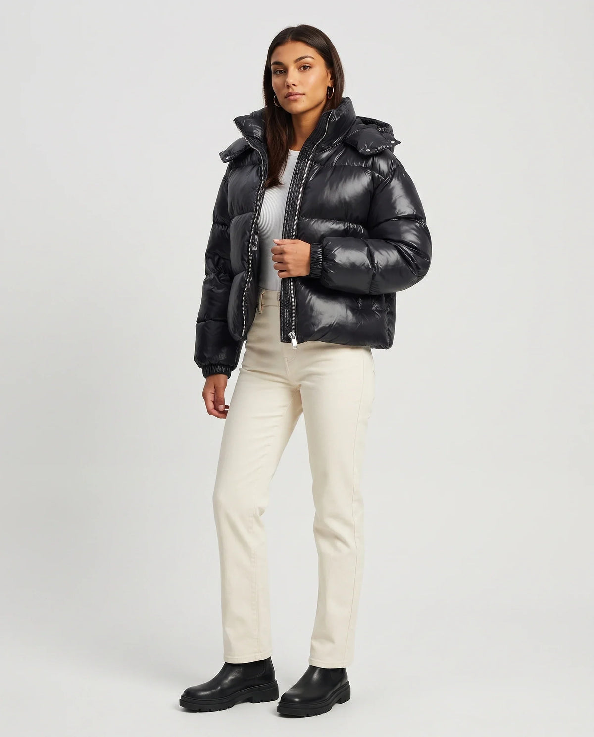 Short Shiny Hooded Puffer Jacket with Puffy Channels